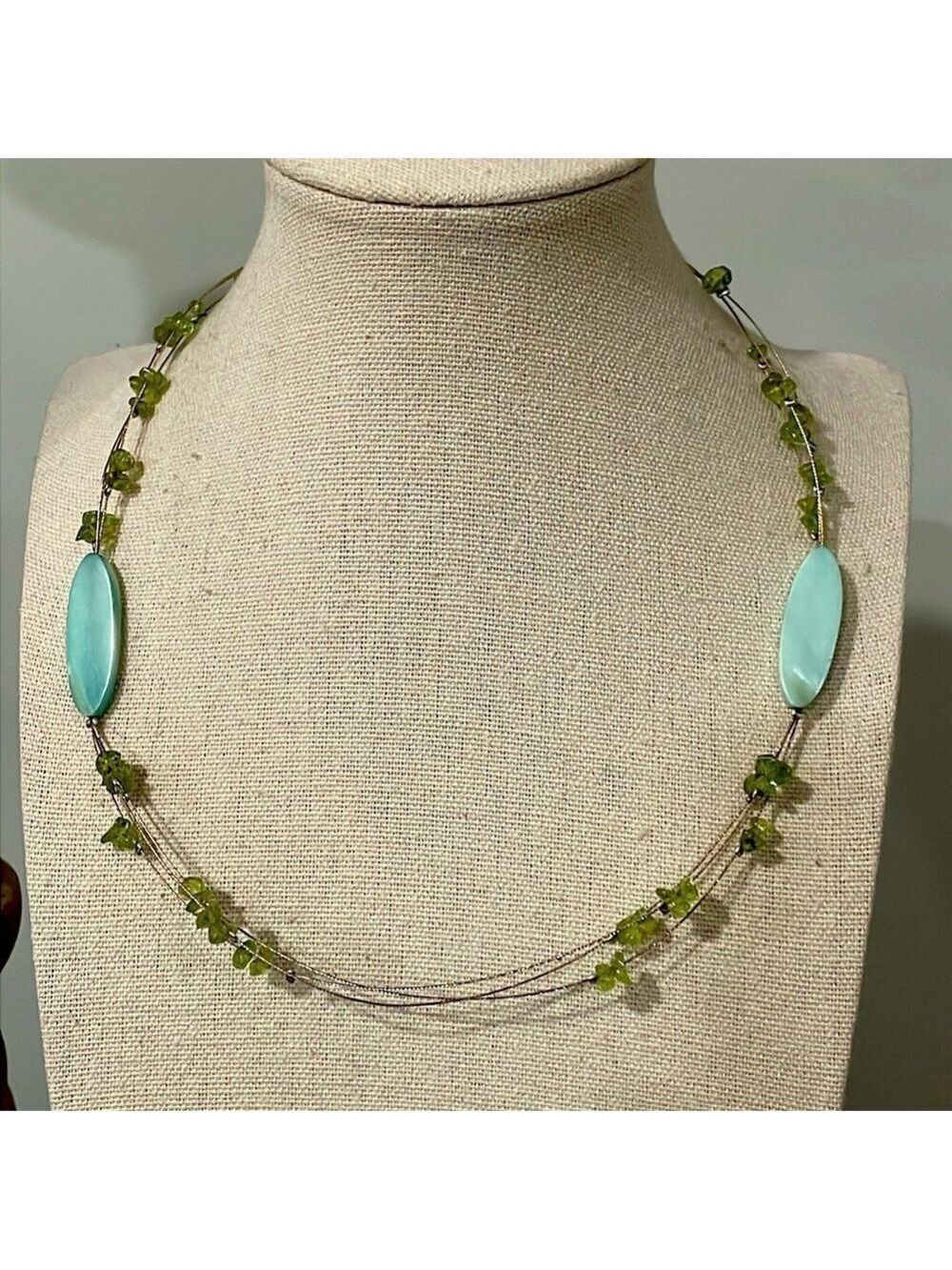 Vicky Jousan Illusion 3 strand wire green beads & blue mother of pearl necklace